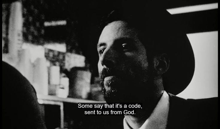 High contrast black and white cinematography from Pi 1998
