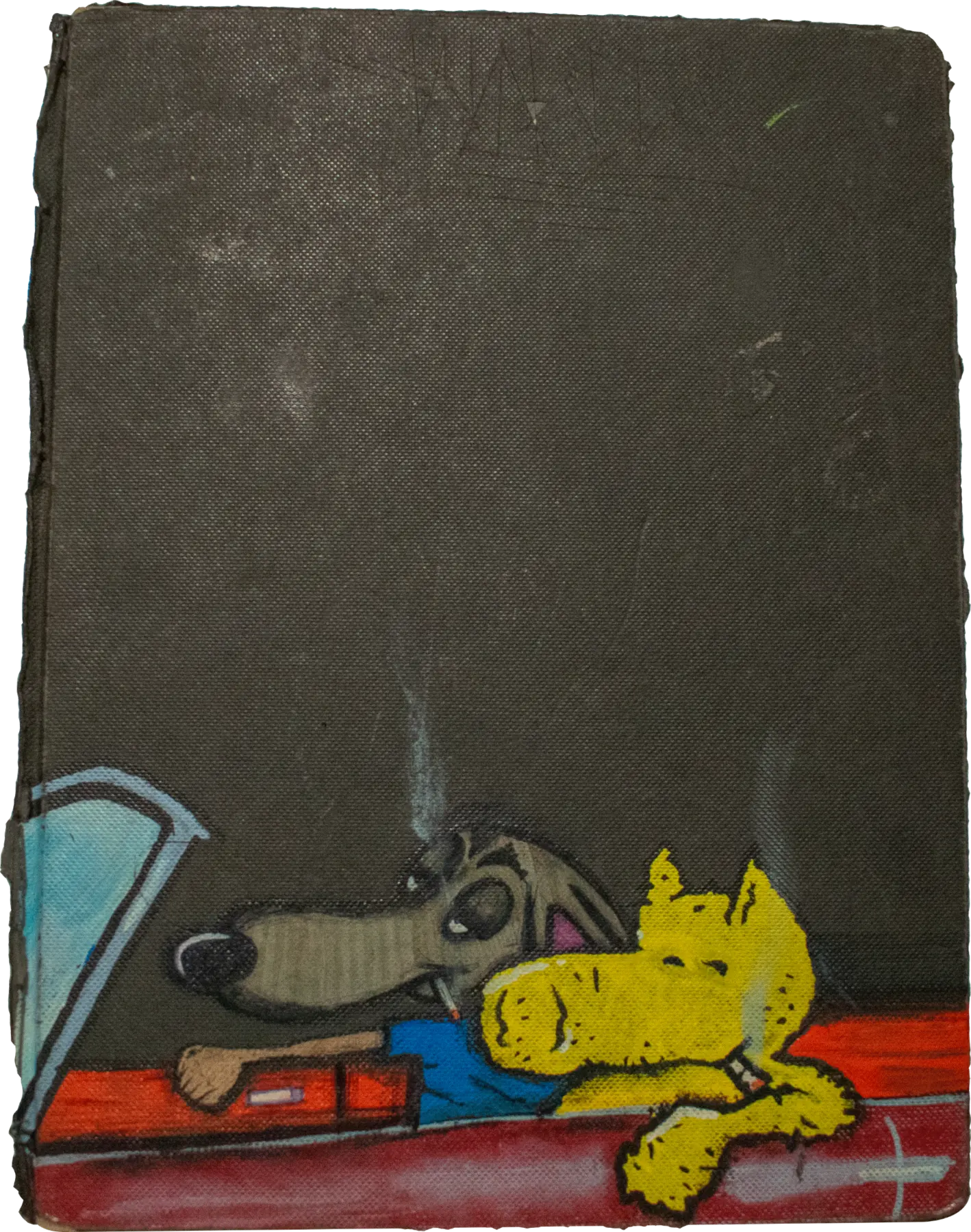 Worn graffiti blackbook cover featuring hand-painted cartoon characters